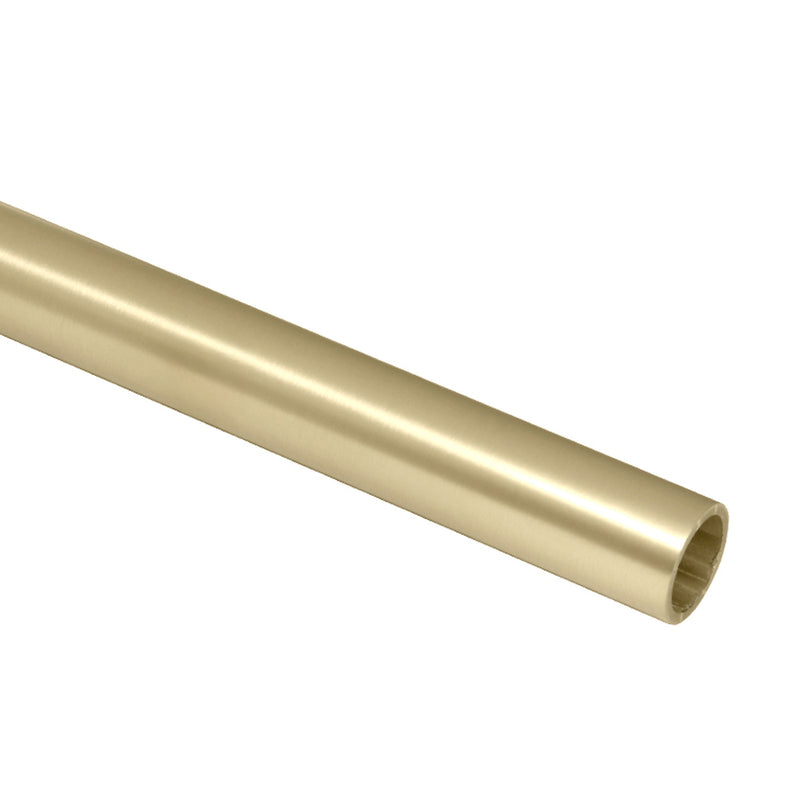 A close-up view of a cylindrical brushed bronze stainless steel header bar for a shower door system.