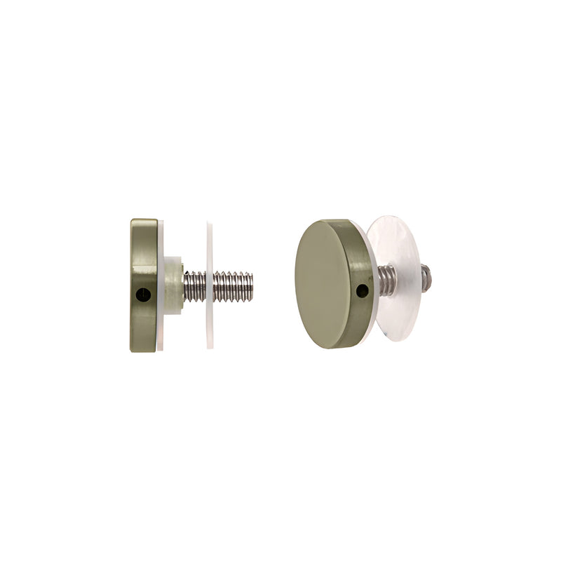 A side and angled view of a 1-1/4 inch brushed bronze standoff cap assembly with clear plastic washers and a threaded stud.