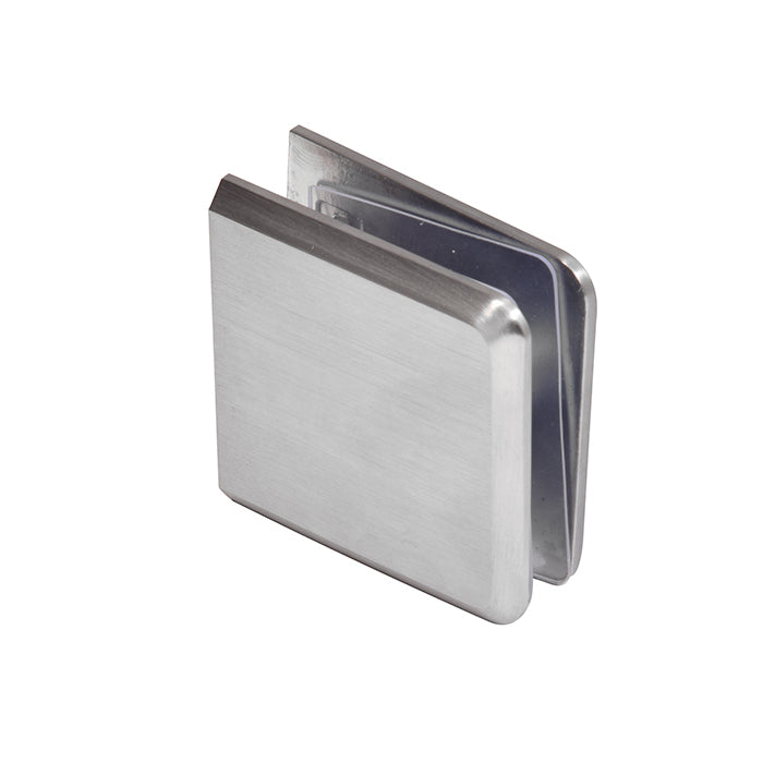 A brushed chrome heavy-duty glass clamp shown from an angled perspective.
