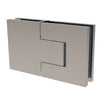 A brushed nickel Bellagio glass-to-glass hinge shown from a front-facing perspective.