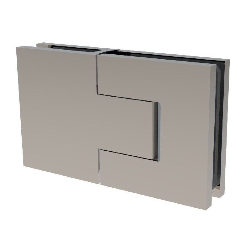 A brushed nickel Bellagio glass-to-glass hinge shown from a front-facing perspective.