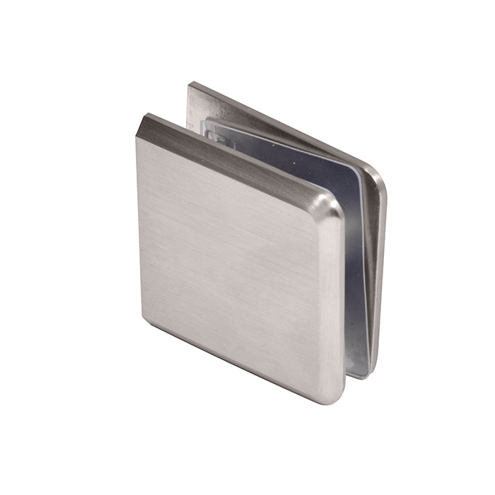 A close-up view of the brushed nickel beveled glass clamp showing the front face.