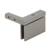 A brushed nickel Cardiff series left-hand wall-mount hinge for glass shower doors.