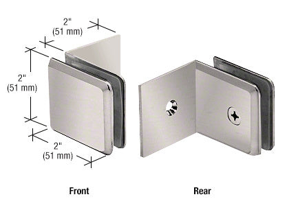 A front and rear view of a brushed nickel brass fixed panel beveled clamp with a large leg, showing 2-inch dimensions.