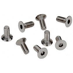 A group of eight stainless steel flat head Allen screws with a brushed nickel finish and hex drive style.
