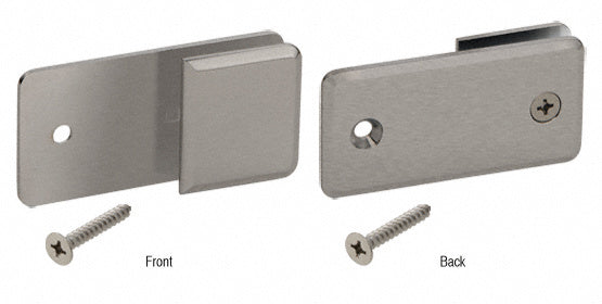 Front and back views of a brushed nickel 'Y' inline beveled glass clamp made of brass with an included mounting screw.