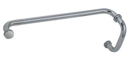 A brushed nickel BM series combination pull handle and towel bar with metal washers for glass shower doors.