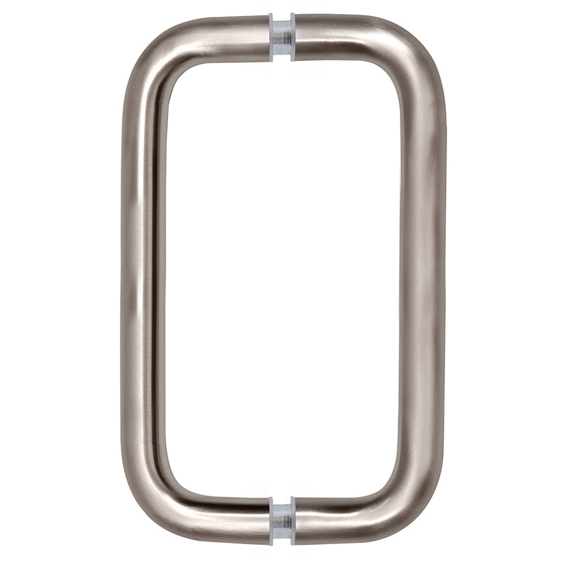 A front-facing view of the brushed nickel back-to-back solid brass pull handle.