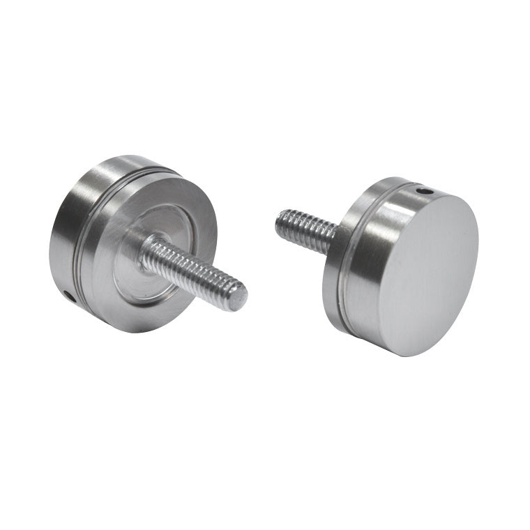 Two brushed nickel brass washer and stud components for a single-sided solid pull handle are shown against a white background.