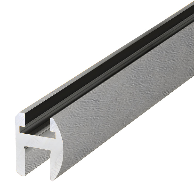 A close-up view of the brushed nickel aluminum shower door header profile.