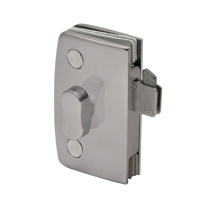 A brushed nickel sliding glass door lock with a thumb turn mechanism for 5/16 inch to 1/2 inch glass.