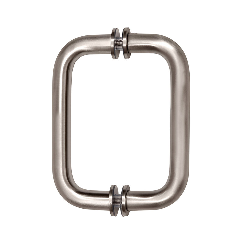 A front-facing view of the brushed nickel tubular back-to-back pull handle showing the mounting hardware.