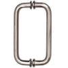 A front-facing view of the brushed nickel tubular back-to-back pull handle showing the mounting hardware.