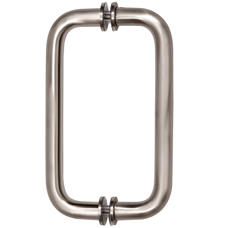 A front-facing view of the brushed nickel tubular back-to-back pull handle showing the mounting hardware.