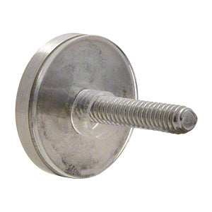 A close-up view of a circular brushed nickel brass washer and threaded stud replacement part.