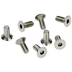 A pack of eight M6 x 12 mm stainless steel flat head Allen screws with a brushed satin chrome finish.