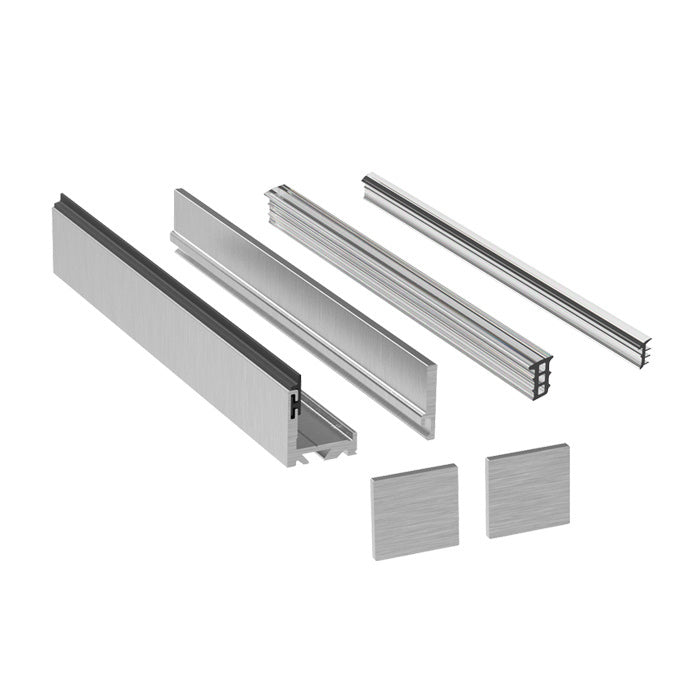 A set of brushed stainless anodized aluminum two-piece glazing channel components and two square end caps.