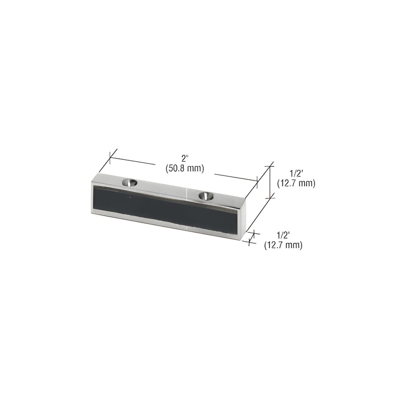 A brushed stainless steel header mounted single door stop with a black bumper, measuring 2 inches wide by 1/2 inch high and deep.