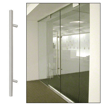 A 48-inch brushed stainless steel ladder-style door pull mounted on a glass office door.