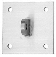 A square brushed stainless steel mounting plate featuring four corner screw holes and a central rod attachment point.
