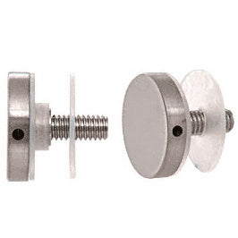 Two brushed stainless clad aluminum standoff round cap assemblies shown with 1-inch threaded studs and clear washers.