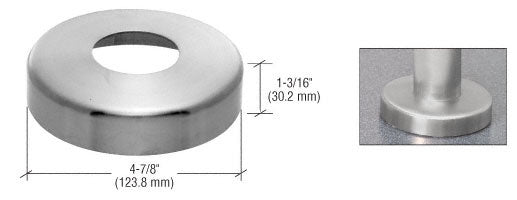 A brushed stainless steel base flange cover for 1-1/4 inch pipe rail shown with dimension labels and an inset photo of the installed product.