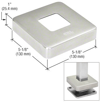 A square brushed stainless steel base flange cover for P-Series posts shown with dimensional markings and an inset view of it installed on a post.