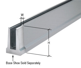 A section of brushed stainless steel cladding shown alongside a tapered base shoe profile with height and width dimension indicators.