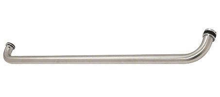 A brushed stainless steel cross bar pull handle with mounting hardware for 1/2 inch thick glass.