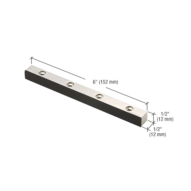 A brushed stainless steel double door stop shown with dimension lines indicating a 6-inch length and 1/2-inch height and width.