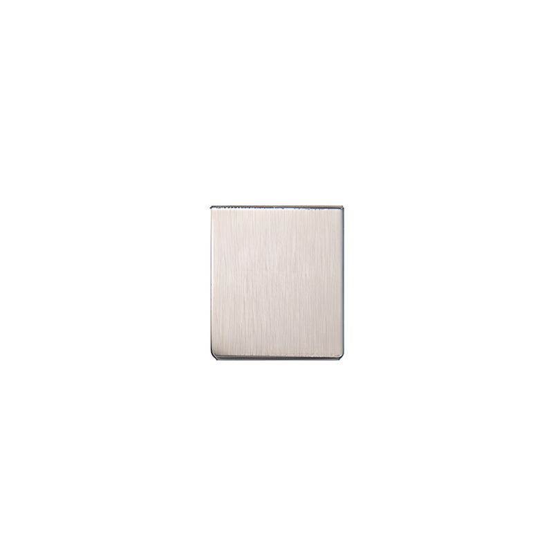 A rectangular end cap featuring a brushed stainless steel finish.