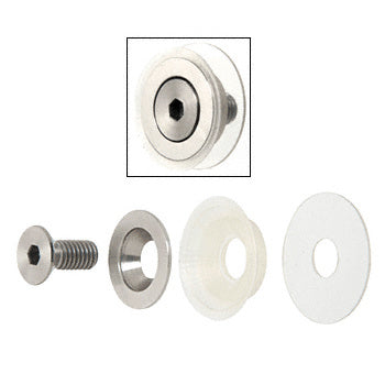 A 1-1/2 inch brushed stainless steel flush mount cap assembly shown both assembled and as individual components including a screw, washer, and gasket.