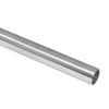 A close-up view of a cylindrical brushed stainless steel header bar for a sliding shower door system.