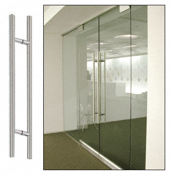 A brushed stainless steel ladder style back-to-back door pull installed on a commercial glass door.