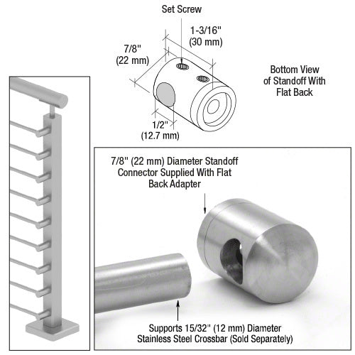 A technical diagram and product photo showing a 7/8 inch brushed stainless steel right end standoff connector with a flat back adapter.