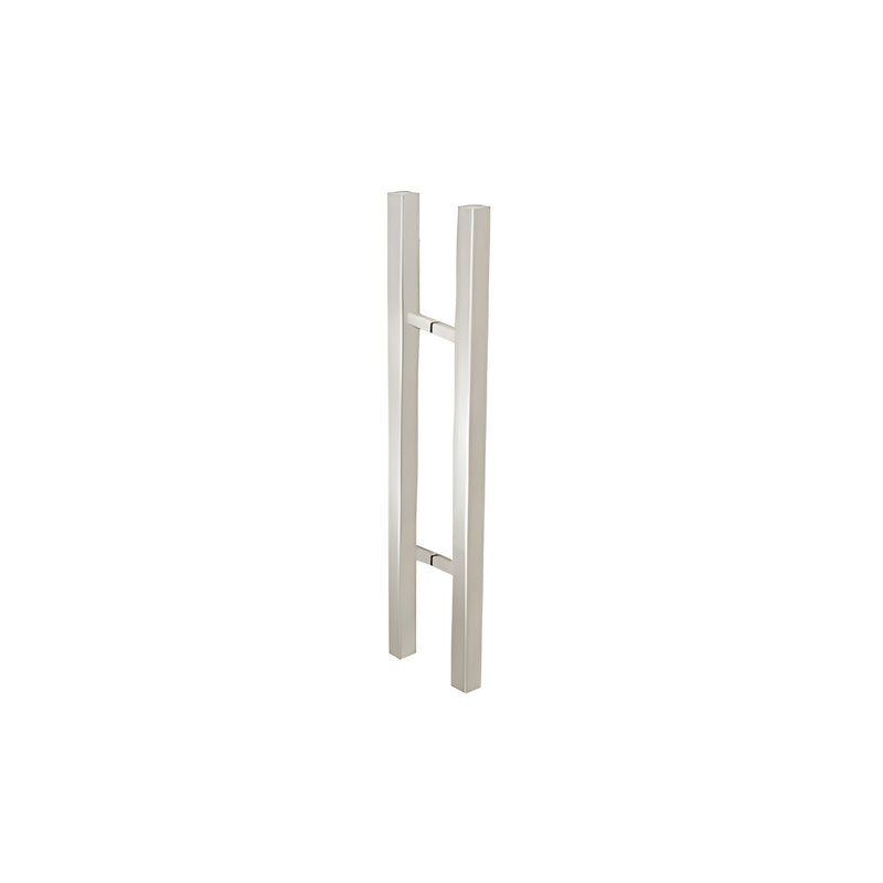 A 24-inch brushed stainless steel ladder style pull handle with square mounting posts shown in a back-to-back configuration.