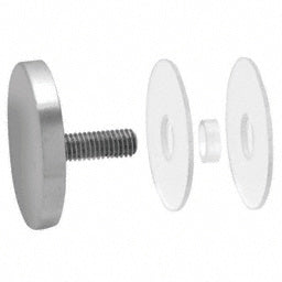 An exploded view of a 2-inch brushed stainless steel standoff cap assembly including the cap, threaded stud, and plastic washers.
