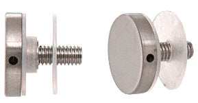 A side-by-side view of a 1-1/4 inch brushed stainless steel standoff cap assembly featuring a threaded stud and clear protective washers.