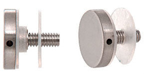 Two views of a 1-inch diameter brushed stainless steel standoff cap assembly with a 1/4-20 threaded stud and clear plastic washers.