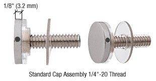 Two brushed stainless steel standoff cap assemblies with 1/4-20 threaded studs and clear washers shown side-by-side.
