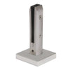 A brushed stainless steel beveled windscreen clamp with a square base plate for surface mounting.