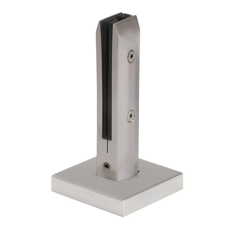 A brushed stainless steel beveled windscreen clamp with a square base plate for surface mounting.