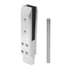 A brushed stainless steel three-piece core mount windscreen clamp shown next to a threaded metal rod.