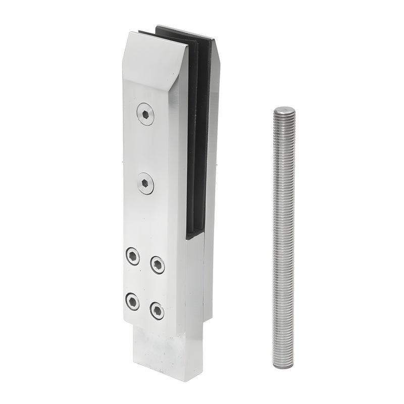A brushed stainless steel three-piece core mount windscreen clamp shown next to a threaded metal rod.