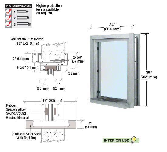 Technical diagram showing the dimensions and components of a bullet-resistant interior window with a stainless steel shelf and deal tray.