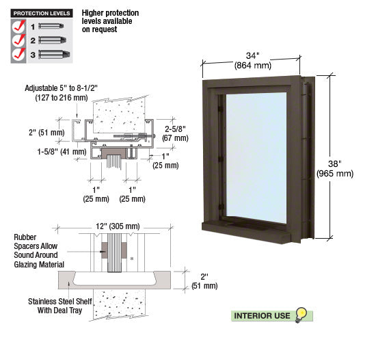 A technical diagram showing the dimensions and components of a black bronze anodized bullet-resistant interior window with a stainless steel deal tray.