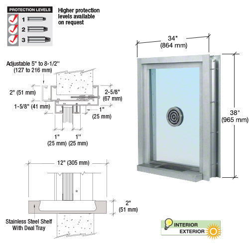 Technical diagram showing the dimensions and components of a 34-inch by 38-inch bullet-resistant window with a speak-thru and stainless steel deal tray.