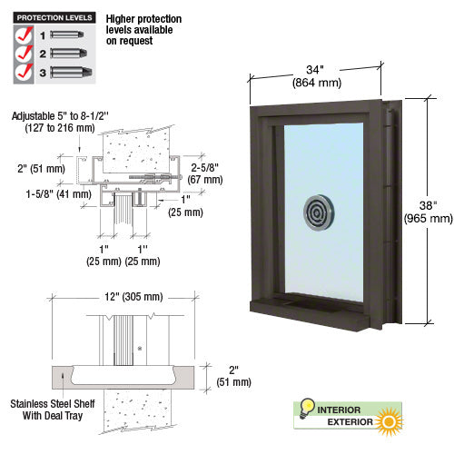 A technical diagram showing the dimensions and components of a Duranodic Bronze bullet-resistant window with a speak-thru and stainless steel deal tray.