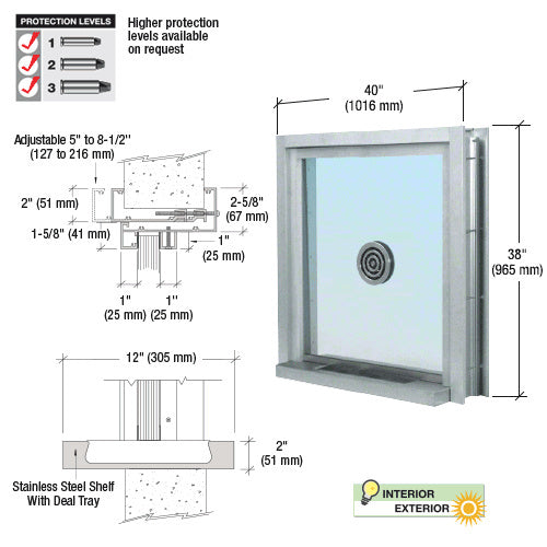 A technical diagram showing a 40-inch wide bullet-resistant window with a speak-thru unit, stainless steel shelf, and deal tray dimensions.