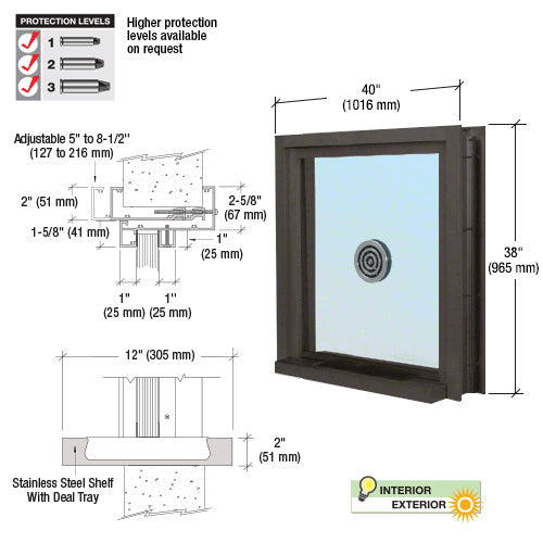A technical diagram showing the dimensions and components of a Duranodic Bronze bullet-resistant window with a stainless steel deal tray and speak-thru.